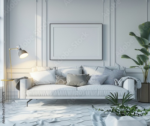 white living room, modern living room, white blank frame with lamp