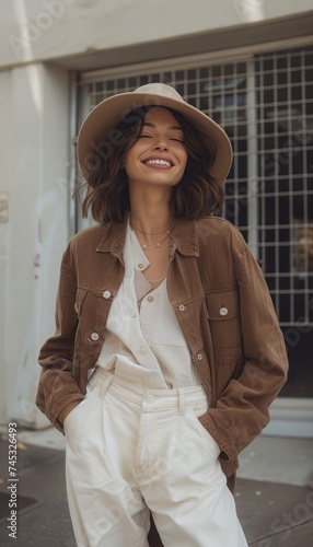 woman in white pants and hat smiles outside
