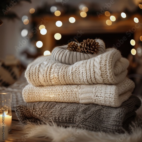 three sweaters next to lights