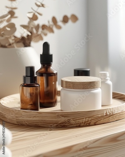 various cosmetic products on wooden trays