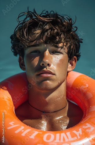 young man with inflatable ring on blue background