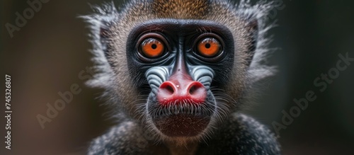 A close-up view of a vulnerable Mandrillus sphinx monkey, native to African rainforests, showing its striking orange eyes, white mouth, and red nose. photo