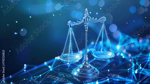 advocating for unbiased artificial intelligence: digital scales of justice in a futuristic blue data network background, highlighting fairness and equality in ethical AI systems photo
