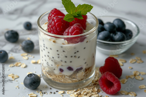 Yogurt with chia seeds, oat flakes and raspberries in glass on marble surface