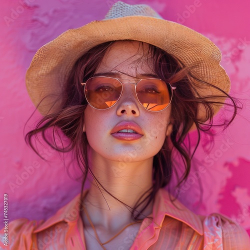 shot of woman with a hat and sunglasses posing in front of a pink background