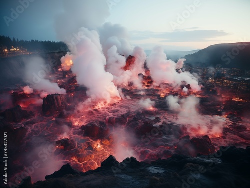 A stunning display of nature's raw power unfolds as the sun sets over a geothermal volcanic park, where steam rises dramatically from the molten lava below