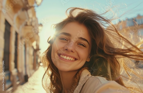 young girl smiling at camera while selfie taking woman