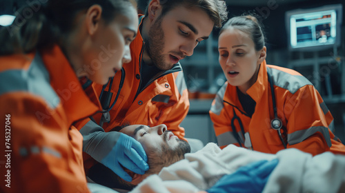 Paramedics performing CPR on a patient, focused and determined, critical moment of life-saving efforts, emergency medical services in action photo