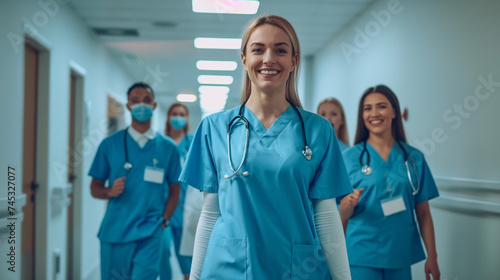 Group of hospital staff in scrubs, smiling confidently in a bright corridor, teamwork and dedication in healthcare, professional and caring atmosphere