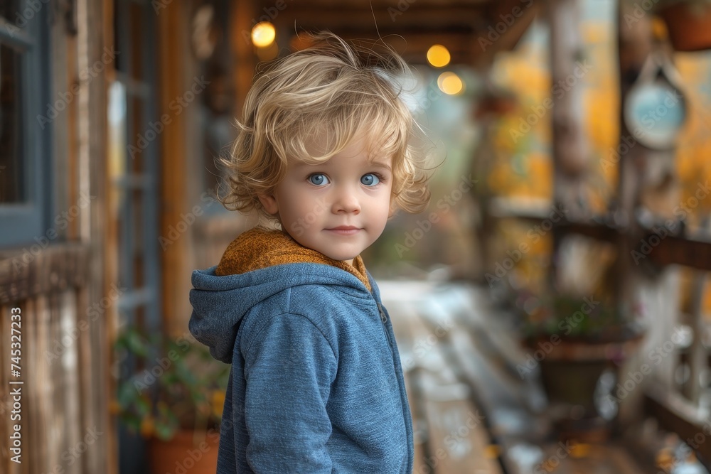 Thoughtful young toddler in stylish clothing looking curiously in an urban market setting, exuding innocence Thoughtful young toddler in stylish clothing looking curiously in an urban market setting, exuding innocence