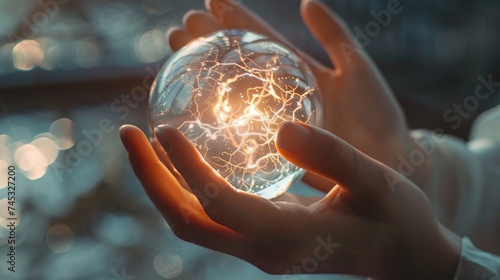 finding equilibrium between technological progress and ethical considerations, illustrated by human hands gently clasping a transparent, glowing orb