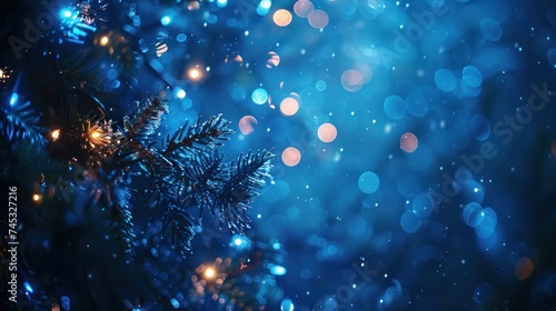 Twinkling Christmas lights set against a deep blue backdrop