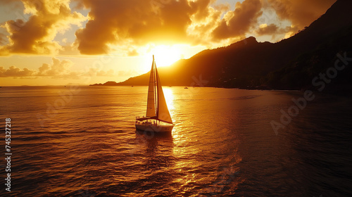 Sunset sailboat cruise along the coast of the Seychelles, golden light reflecting on calm waters, romantic and peaceful escapade