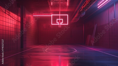 basketball court in a dark room with neon lights, synthwave style
