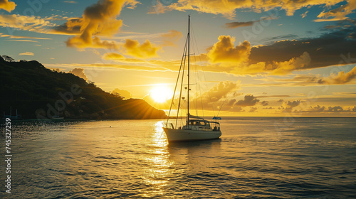 Sunset sailboat cruise along the coast of the Seychelles, golden light reflecting on calm waters, romantic and peaceful escapade