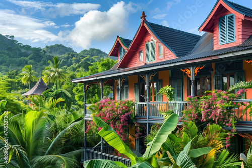 Traditional Creole-style architecture in the Seychelles, colorful houses surrounded by lush tropical vegetation, cultural charm and heritage photo