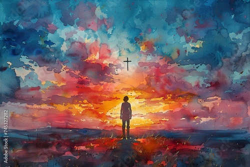 Watercolor illustration of hands with a cross in the sky and clouds