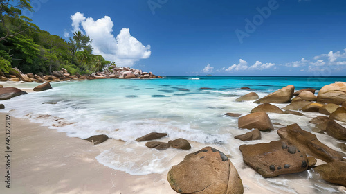 Pristine white sand beach with crystal clear turquoise waters in the Seychelles, granite boulders framing the serene scene, idyllic tropical paradise