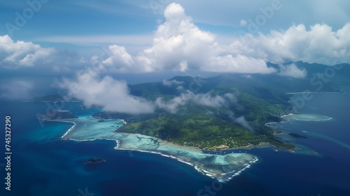 Aerial view of the Seychelles archipelago, lush islands scattered in the Indian Ocean, vibrant coral reefs visible beneath the surface, untouched natural beauty