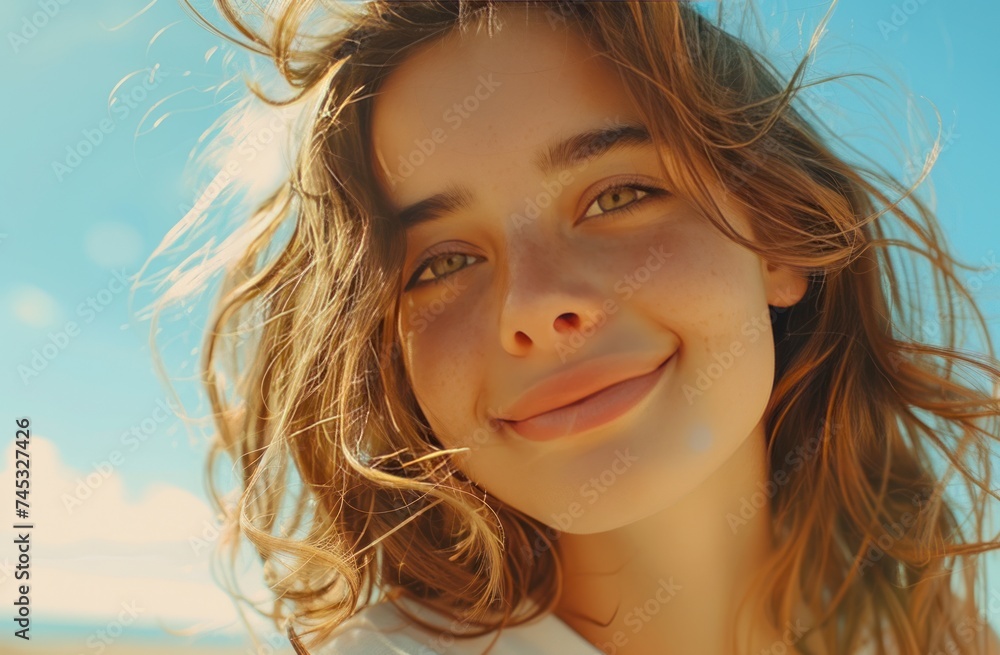 young girl smiling at camera while selfie taking woman young girl smiling at camera while selfie taking woman