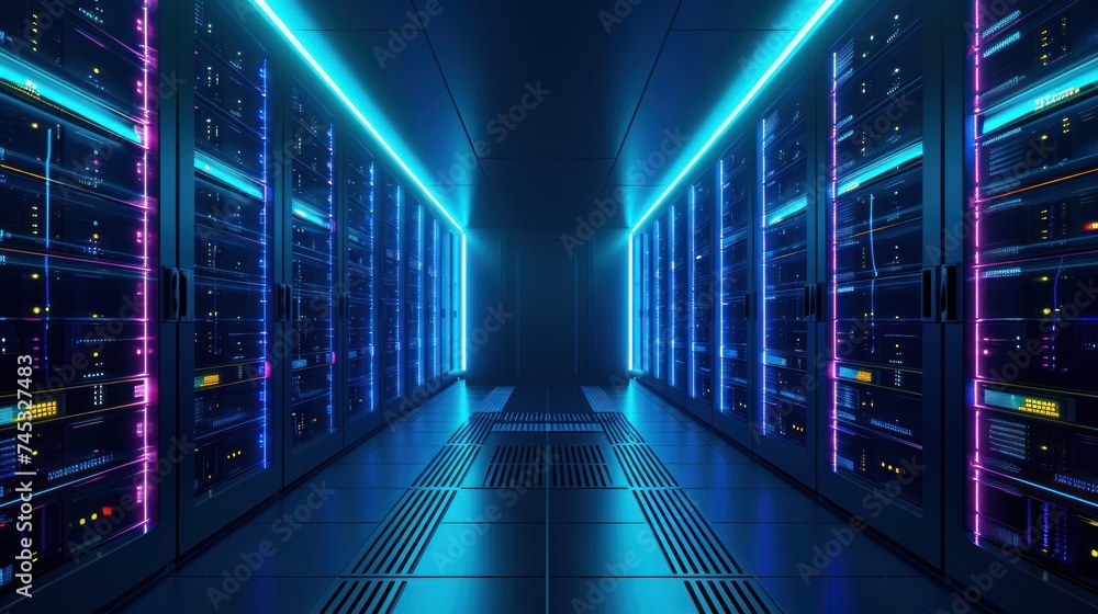 Fototapeta premium Abstract data center network system. Server racks in server room data center .computer network security concept.