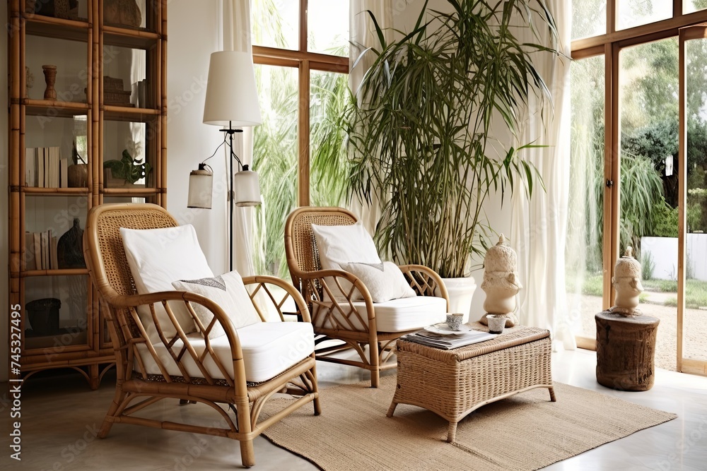 Fototapeta premium Bamboo Furniture Living Room Ideas: Cozy Farmhouse Touch with White Walls and Bamboo Chairs