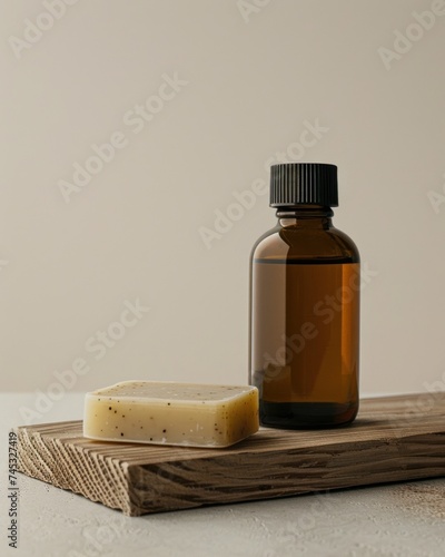 simple modern health care products as the bottle and soap open from the cap f...