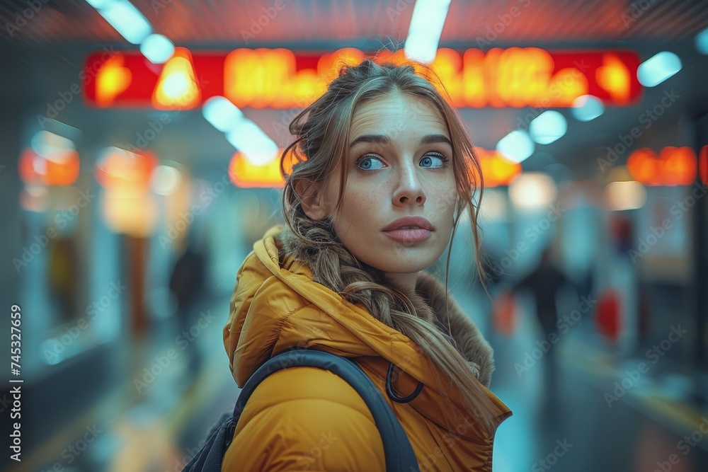 A young woman in a yellow jacket looks away thoughtfully in a brightly lit subway station