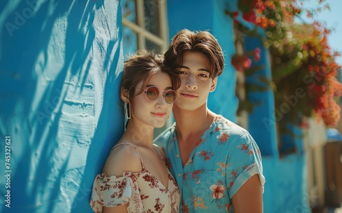 young couple posing near a blue wall