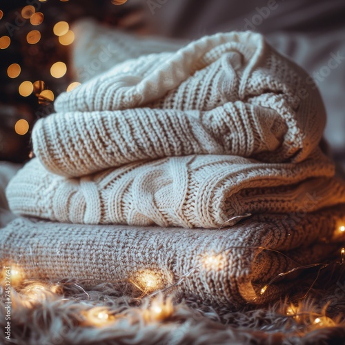 stacked knit sweaters with christmas lights in the background