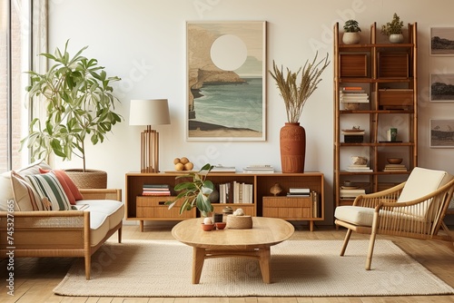 Bamboo Furniture Living Room Ideas: Mid-Century Bamboo Armchairs, Wooden Coffee Table, and Vintage Poster Wall Art