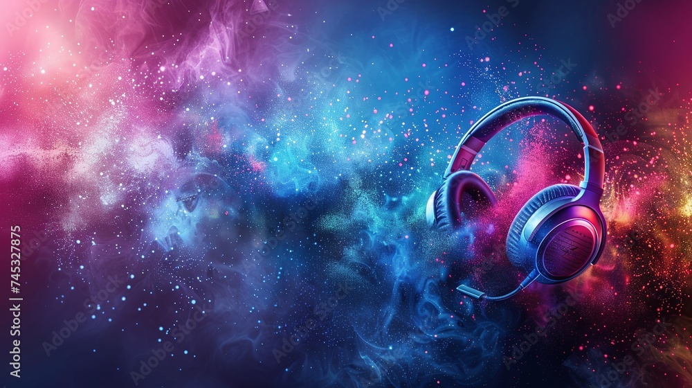 abstract headset headphones on colorful dust background, world music day banner. musical instruments design for event celebration - obrazy, fototapety, plakaty 