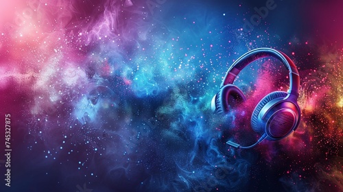 abstract headset headphones on colorful dust background, world music day banner. musical instruments design for event celebration