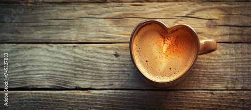 A heart shaped coffee cup is placed neatly on top of a wooden table, with a wooden wall in the background. The cup is filled with freshly brewed coffee, showcasing the artistry and creativity in