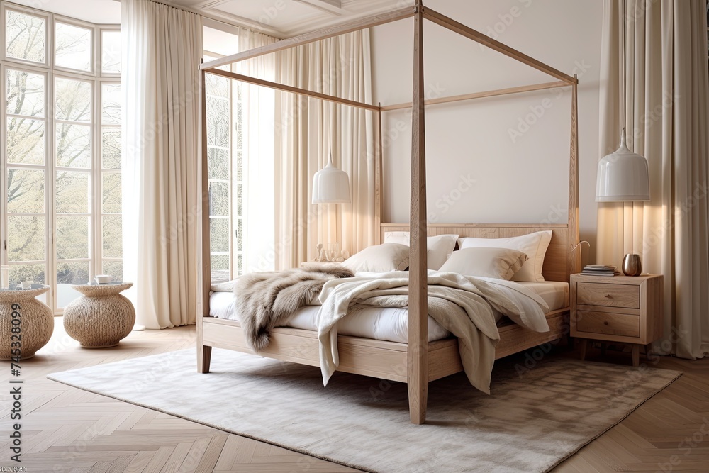 Nordic Canopy Bed Oasis: Wooden Furniture, Pendant Light, Rug Inspiration