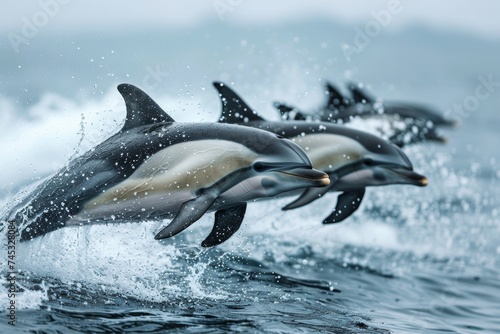 a group of dolphins jumping out of the water together in the ocean with splashes of water around them © AW AI ART