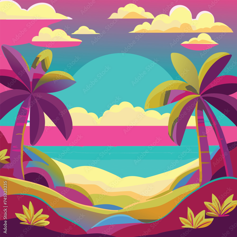 Vector Illustration of Ocean view with palm threes and clouds