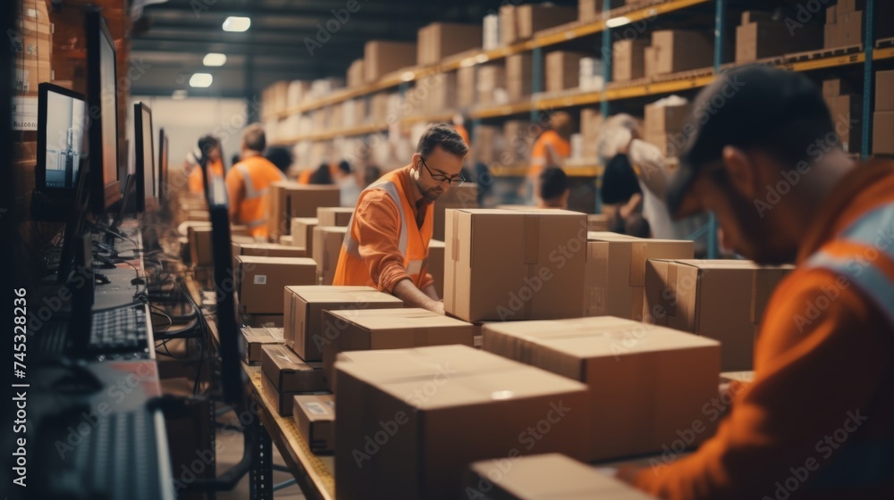 Busy hardware store workers shipping goods, preparing boxes for international export business - obrazy, fototapety, plakaty 