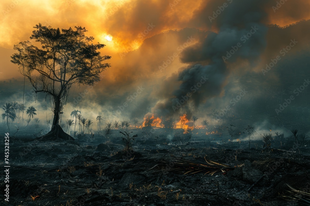 Fototapeta premium Sunset Over a Forest Fire Devastation Scene