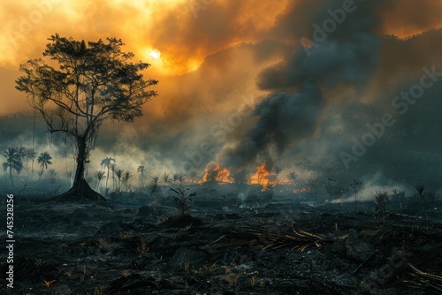 Sunset Over a Forest Fire Devastation Scene © AW AI ART