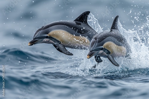 two dolphins are jumping out of the water together in the ocean together, with their tails spread out and their heads are in the air © AW AI ART