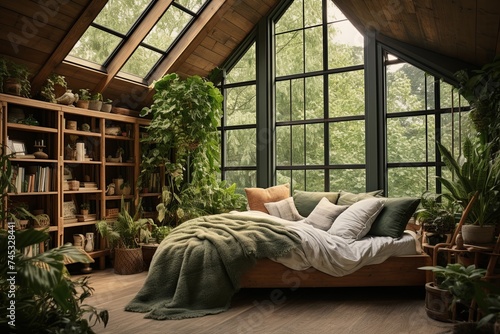 Biophilic Bedroom Oasis: Wooden Furniture, Green Plants, Natural Textiles Cozy Ambiance