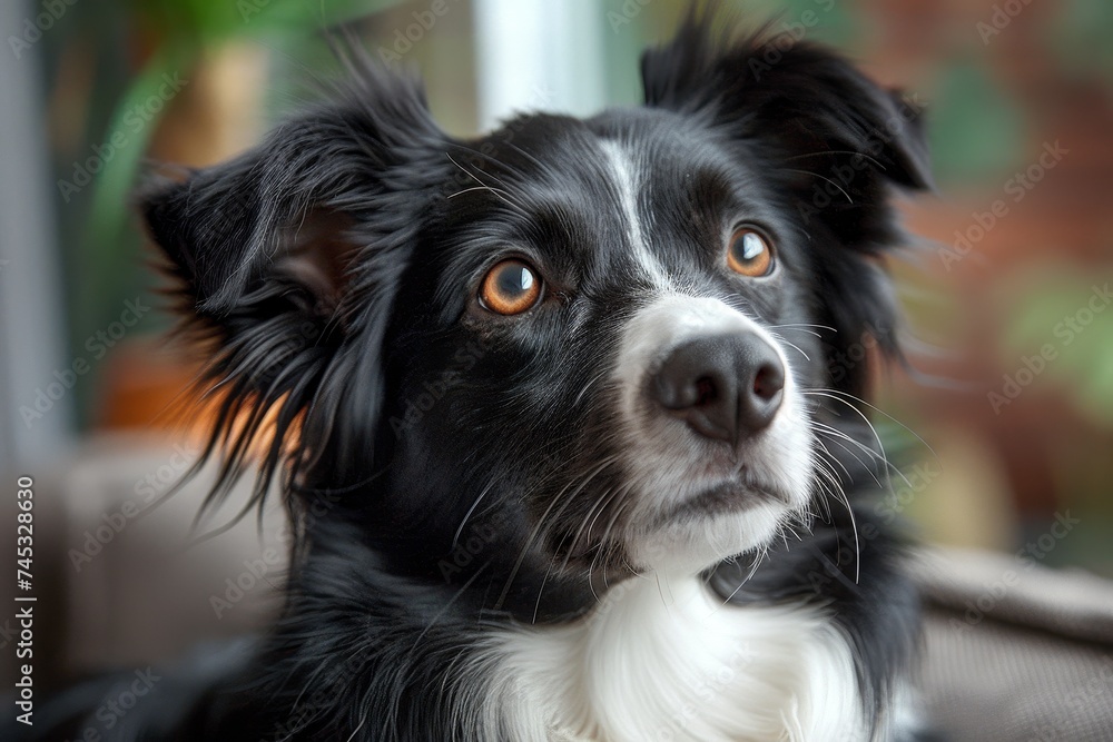 Close-up of a black and white dog with striking amber eyes, showcasing its lush fur and intense gaze Close-up of a black and white dog with striking amber eyes, showcasing its lush fur and intense gaze