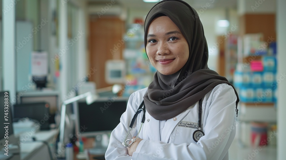 portrait of smiling female doctor wearing hijab in modern healthcare workspace portrait of smiling female doctor wearing hijab in modern healthcare workspace