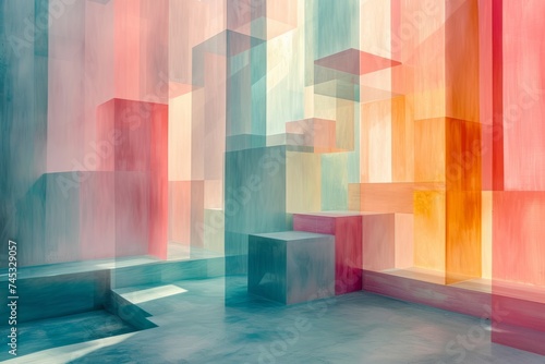 Pastel Geometric Shapes in Sunlit Room Sunlight streams through a room, casting soft shadows among a maze of pastel-colored geometric shapes, creating a dreamy atmosphere. 