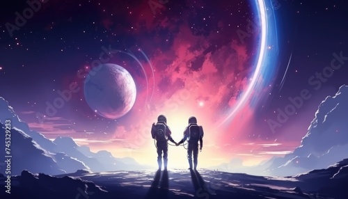 Astronaut couple holding each other's hands on space sky background