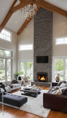 Luxurious interior design living room and fireplace in a beautiful house