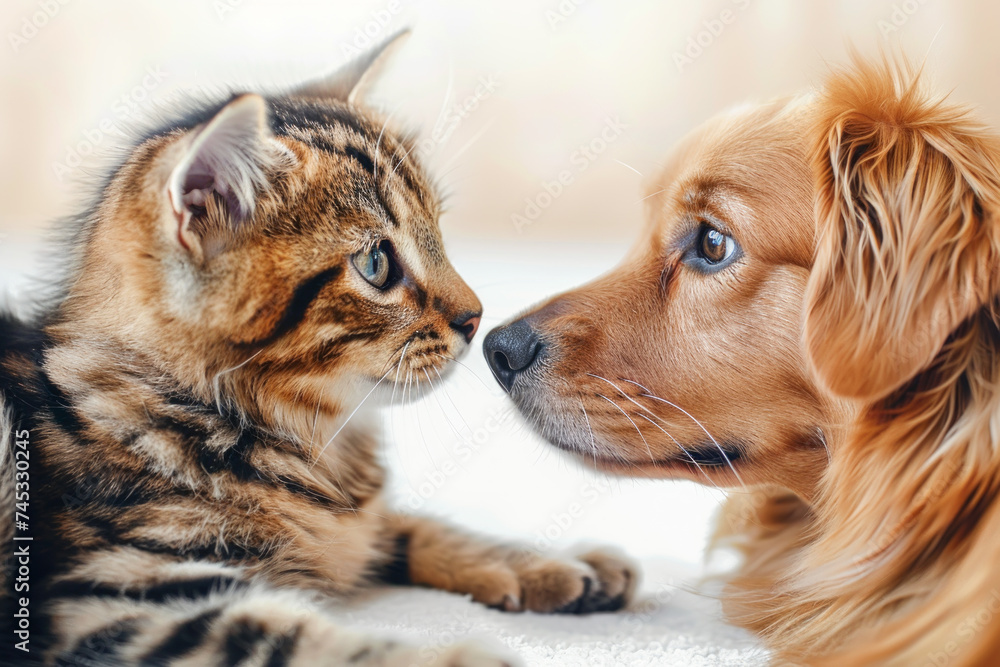 A cute kitten and puppy are facing each other and looking at each other. Concept for friendship and good friends.