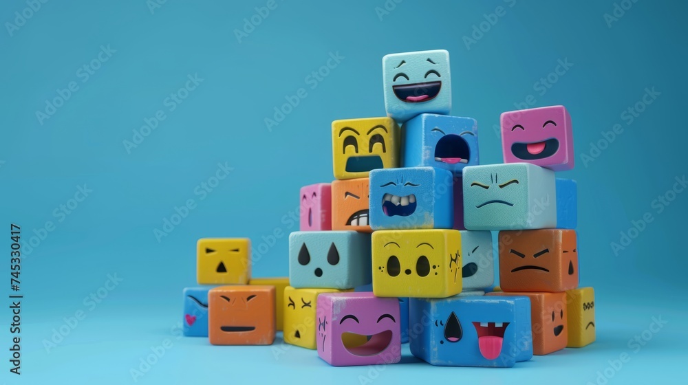 Obraz premium cubist emotions: diverse expressions on blue background - empathy and emotional intelligence concept