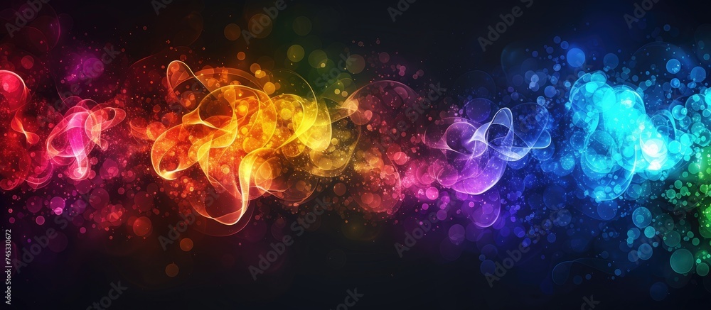 This image features colorful abstract shapes in rainbow hues floating against a contrasting black backdrop. Bubble-like forms add a dynamic element to the composition, creating a visually striking and